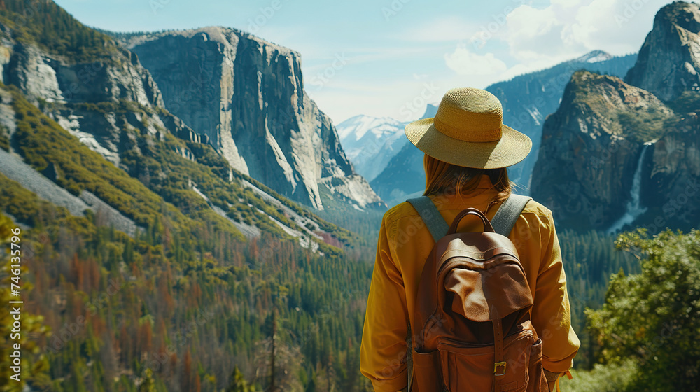 Back view of Tourist woman with hat and backpack on vacation at yosemite national park.