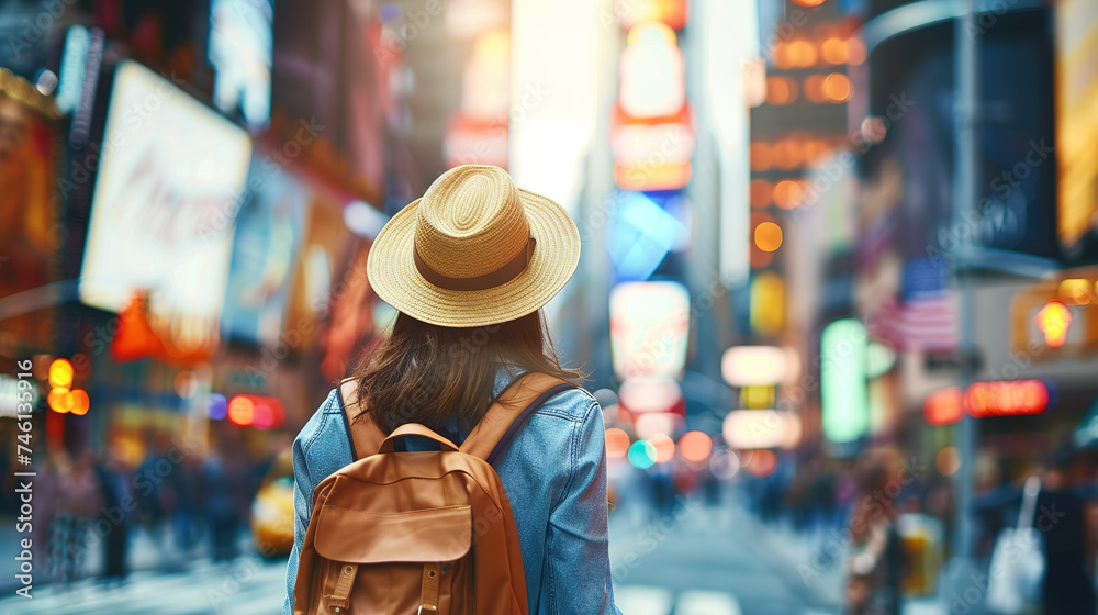 Back view of Tourist woman with hat and backpack on vacation at times square in new york. Digital illustration generative AI.