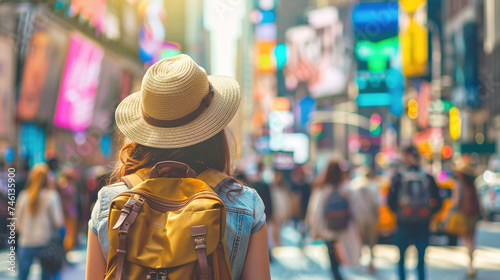 Back view of Tourist woman with hat and backpack on vacation at times square in new york.