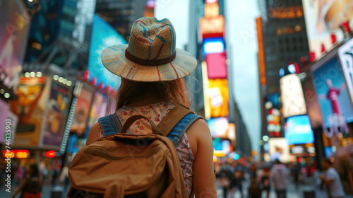 Back view of Tourist woman with hat and backpack on vacation at times square in new york.