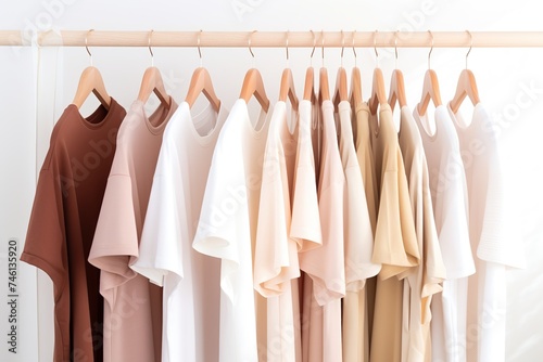 Stylish woman clothes hanging on a rack natural colors, trending concept, pastel colors in white room modern design closeup