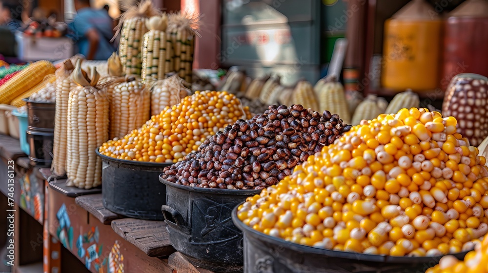 In the bustling markets of Mexico City, a variety of corn types are available for sale, reflecting the rich culinary heritage and cultural significance of this staple ingredient. 