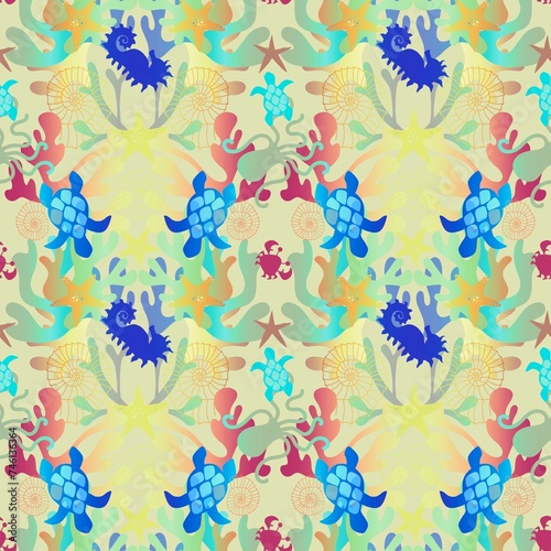 Cartoon animals seamless starfish and turtle and shell and crabs and octopus pattern for fabrics