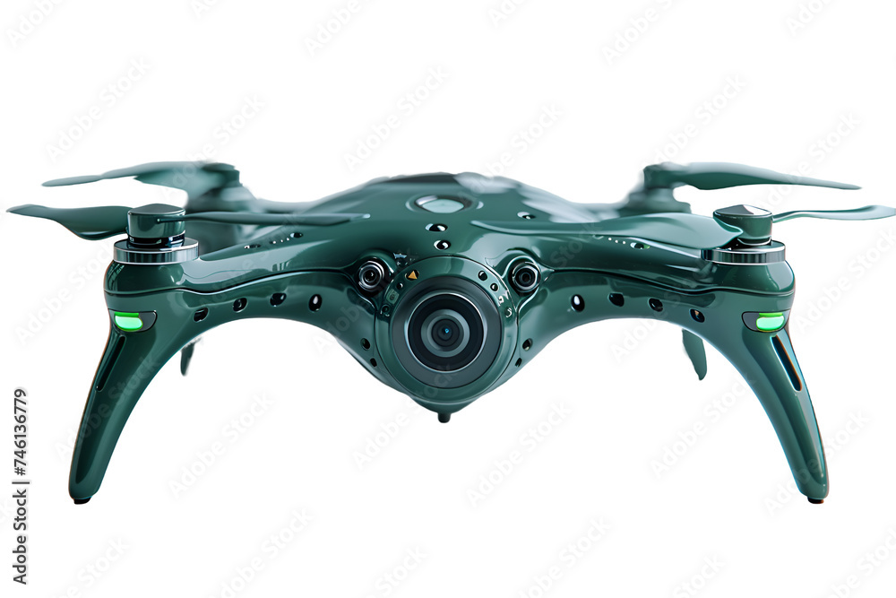 A 3D animated cartoon render of a green drone with a camera hovering in midair. - obrazy, fototapety, plakaty 