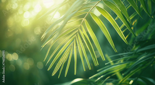 Lush green palm leaves basking in soft sunlight  depicting a tranquil natural setting