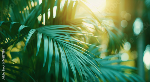 Lush green palm leaves bask in vibrant sunlight with a soft-focus background