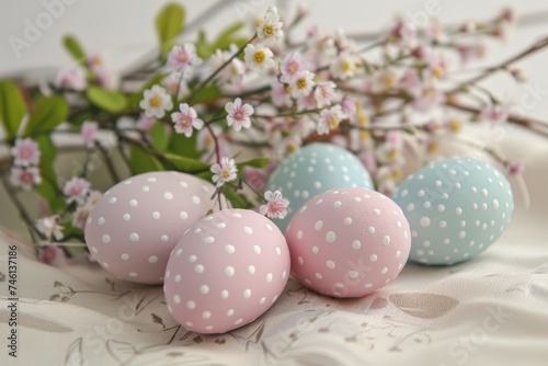 A graceful array of pink polka-dotted Easter eggs adorned with a bouquet of spring blossoms for a festive look photo