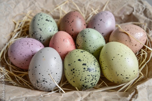 A festive arrangement of multicolored Easter eggs with speckles, nestled in a straw bed on a textured crumpled paper background
