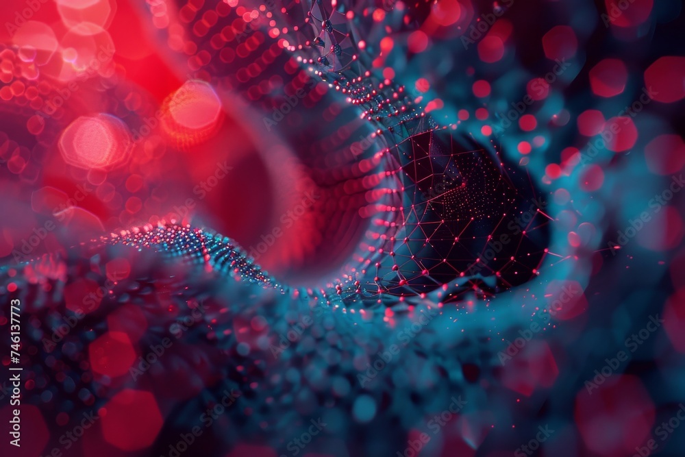a sonic web with dots and rings on its blue background with lens flare and multifaceted geometry, intertwined networks Generative AI. a sonic web with dots and rings on its blue background with lens flare and multifaceted geometry, intertwined networks Generative AI.