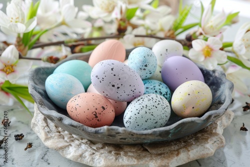 A stone bowl filled with speckled Easter eggs nestled among spring blossoms showcases holiday decor photo