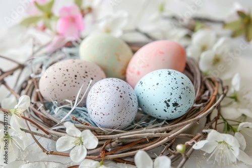 A serene setting of speckled Easter eggs nestled among vibrant spring flowers inducing joy and festivity