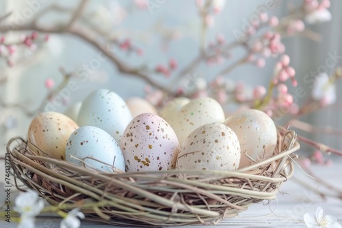 Delicate Easter eggs in soft pastel hues nestled in a handcrafted twig nest with budding flowers in a dreamy setting