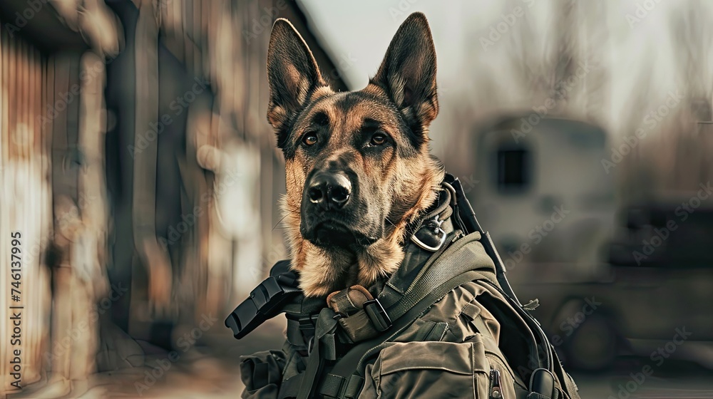 Brave dog in a security outfit, standing guard, vigilant eyes scanning the area Brave dog in a security outfit, standing guard, vigilant eyes scanning the area