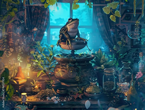 A curious magic frog perches atop an ancient apothecary pot, surrounded by mystical herbs and potions, in a moonlit, vintage laboratory