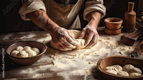 Baker's skill in motion, hands fold buttery dough, surrounded by rustic tools of the trade photo