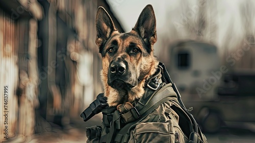 Brave dog in a security outfit, standing guard, vigilant eyes scanning the area photo