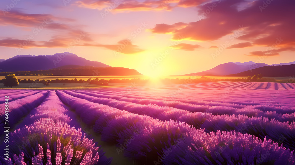 Panoramic view of lavender fields in bloom