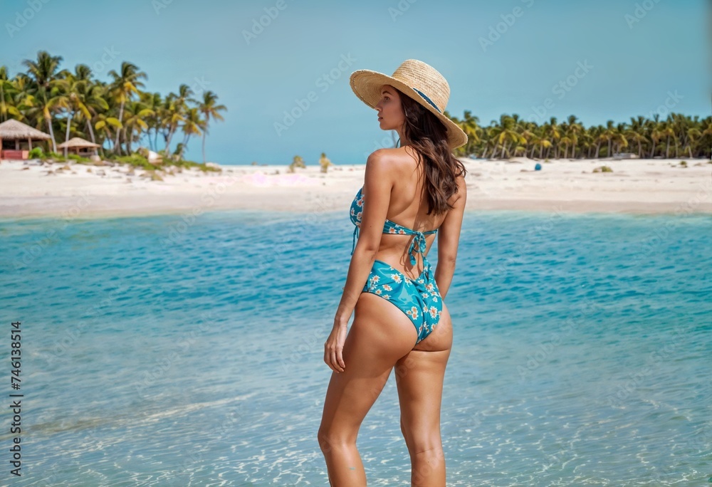 Back view of young woman in swimsuit and straw hat on tropical beach. A woman in a bikini stands on a beach.