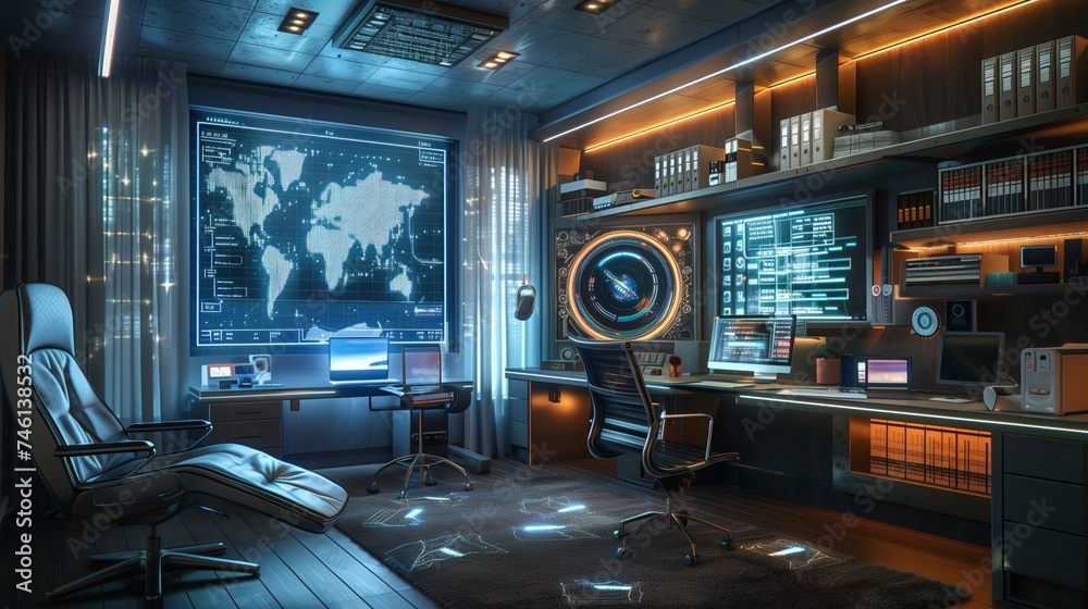 Future Home Office with World Map Holographic Display and High-Tech Workstations Future Home Office with World Map Holographic Display and High-Tech Workstations