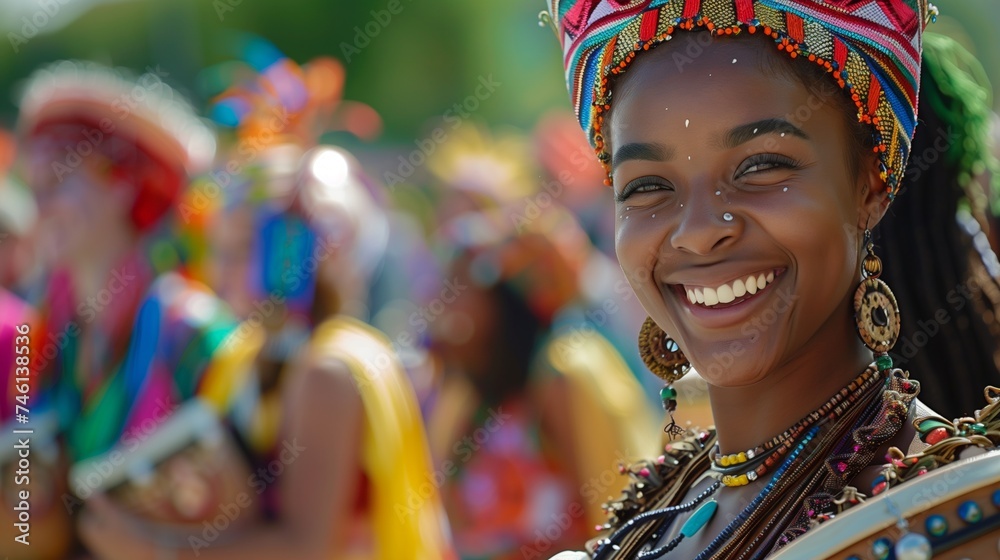 Joyful African Woman in Traditional Dress at Cultural Festival