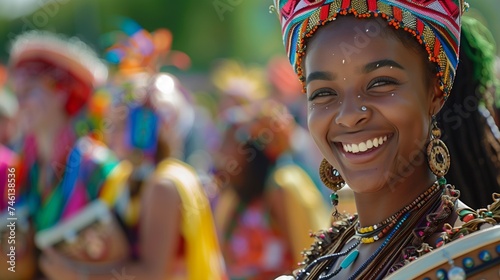 Joyful African Woman in Traditional Dress at Cultural Festival
