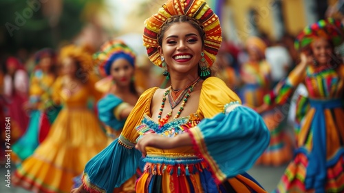 Exuberant Dancer in Traditional Colombian Dress at a Cultural Parade