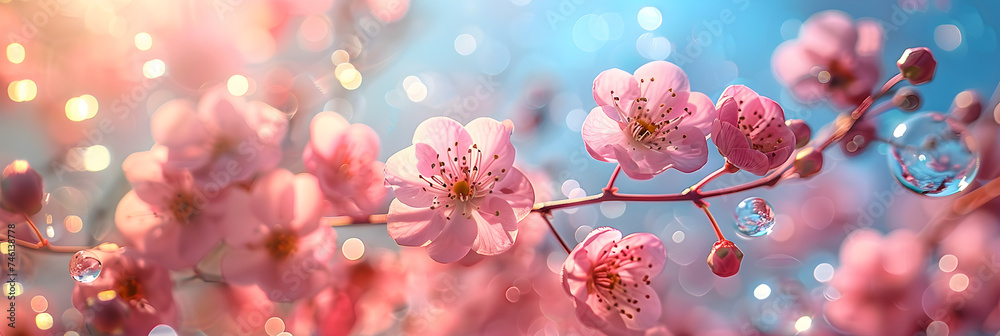 beautifully flowering cherry branches on which the bees sit ,
Cherry flowers HD 8K wallpaper Stock Photographic Image

