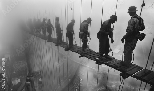Vintage Construction Workers on Skyscraper, black and white photography