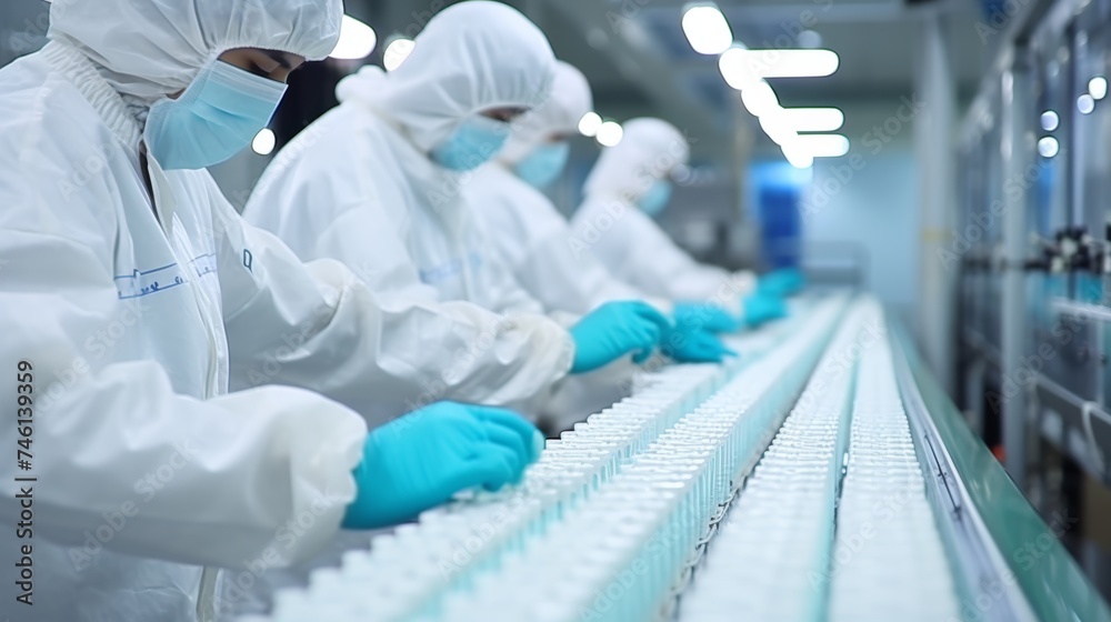 Hand in sanitary gloves checking medical vials on production line in pharmaceutical factory Hand in sanitary gloves checking medical vials on production line in pharmaceutical factory