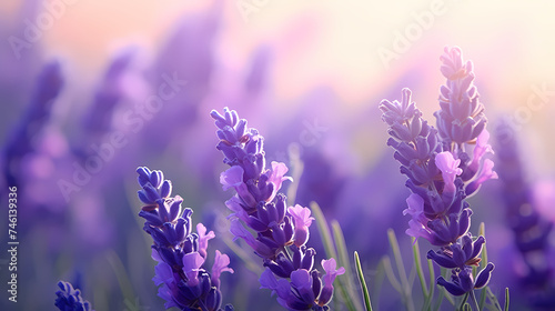 A field of lavender flowers with a blurry sky in the background
