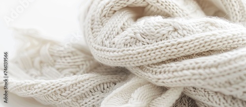 A close-up view of a white scarf neatly laid on a white surface, showcasing its texture and simplicity.