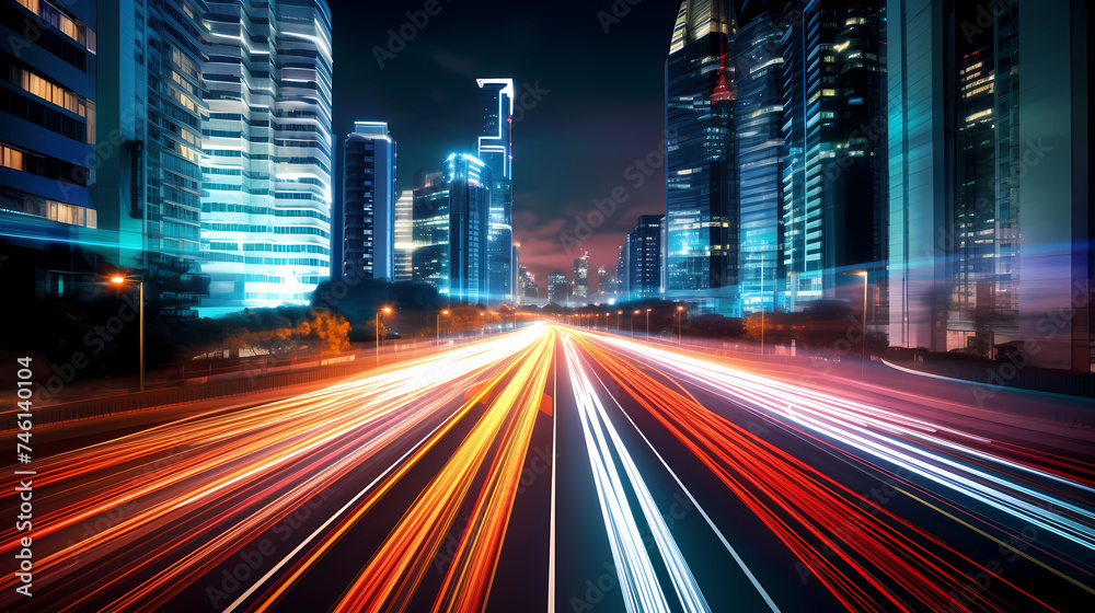 Fototapeta premium Abstract long exposure dynamic speed light trails in urban environment
