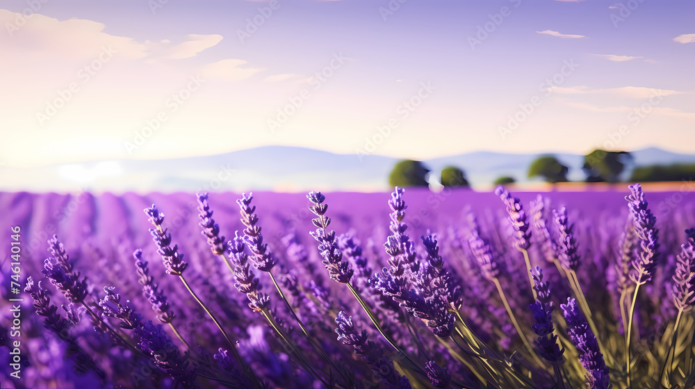 Naklejka premium A field of lavender flowers with a blurry sky in the background