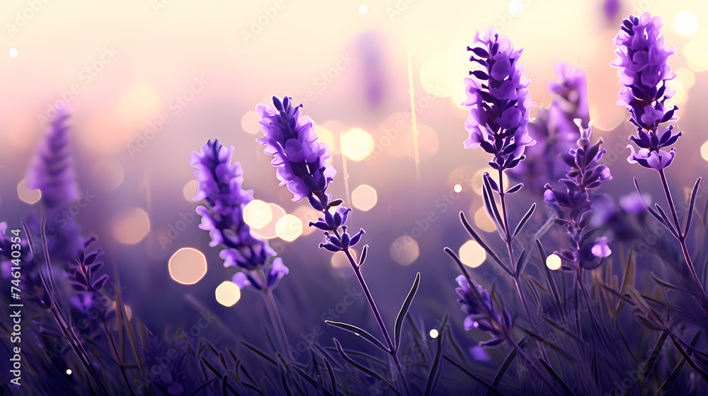 A field of lavender flowers with a blurry sky in the background A field of lavender flowers with a blurry sky in the background