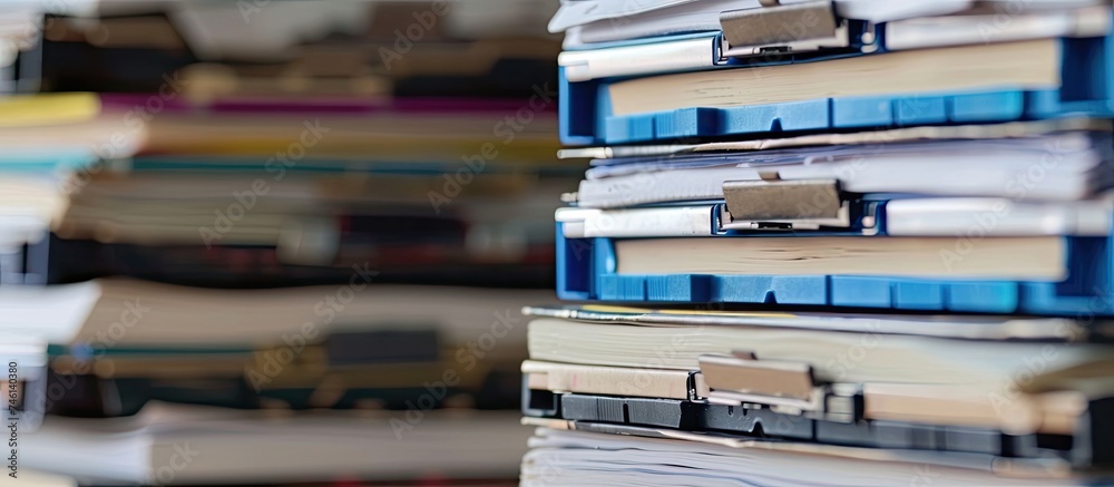 A stack of books is neatly arranged on top of a wooden table. The books vary in size and color, creating a visually interesting display.