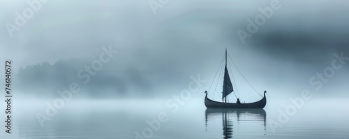 Viking Longship at Sea A Viking longship sails through misty northern waters captured with minimal atmospheric lighting and photorealistic details to evoke the eras rugged essence photo