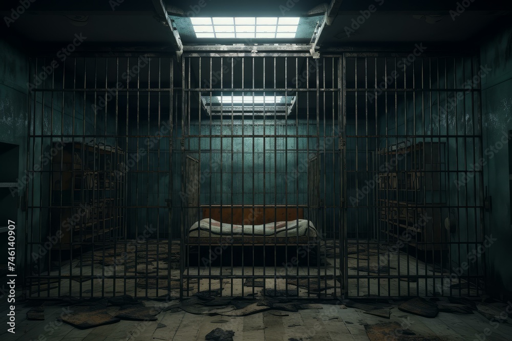 Gloomy Prisoner cage prison portrait. Sad behind lock metal iron security. Generate Ai Gloomy Prisoner cage prison portrait. Sad behind lock metal iron security. Generate Ai