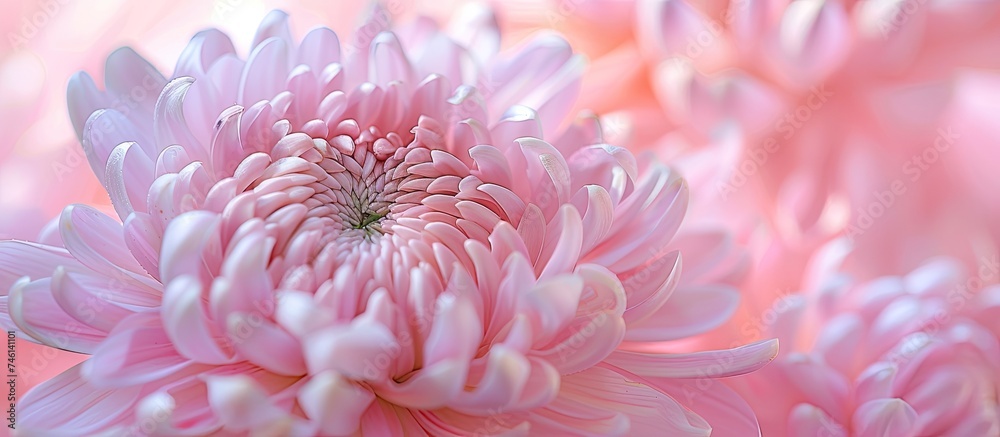 A vibrant pink chrysanthemum flower in full bloom takes center stage against a soft pink background. The intricate petals of the flower are detailed and delicate, highlighting its beauty. A vibrant pink chrysanthemum flower in full bloom takes center stage against a soft pink background. The intricate petals of the flower are detailed and delicate, highlighting its beauty.