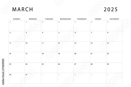 March 2025 calendar. Monthly planner template. Sunday start. Vector design