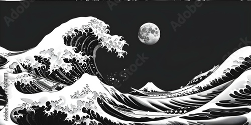 Vintage woodcut print of Japanese ocean wave engraving in classic art seamless background. Concept Japanese art, Vintage aesthetics, Ocean waves, Woodcut print, Seamless background photo