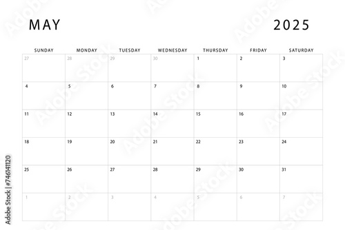 May 2025 calendar. Monthly planner template. Sunday start. Vector design