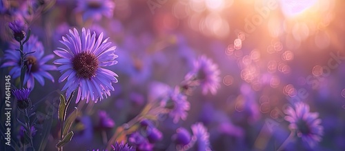 A field of vibrant purple aster flowers is captured at a shallow depth of field, with the bright sun setting in the background. The purple flowers stand out against the green foliage, creating a photo