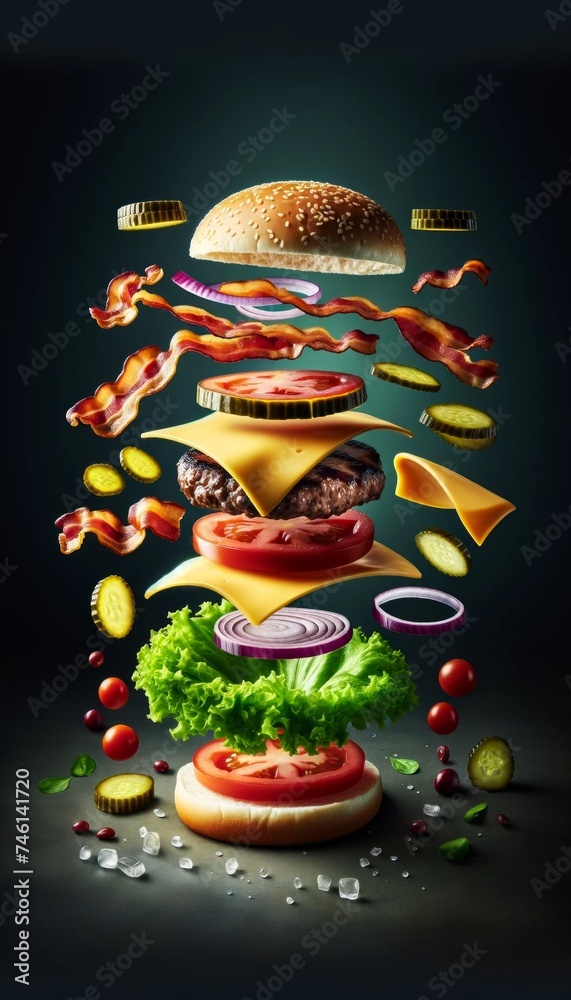 Creative presentation of a deconstructed cheeseburger with layers of ingredients floating in mid-air, including bun, cheese, beef patties, and vegetables, against a gradient background.
