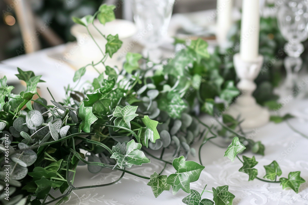 Close up detail of ivy garland at a wedding reception