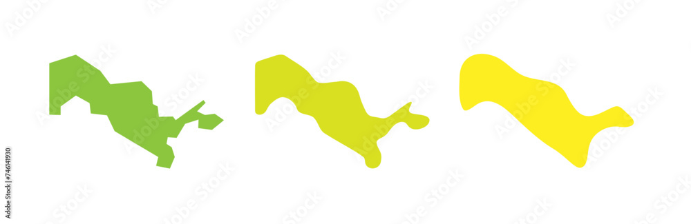 Uzbekistan country black outline and colored country silhouettes in three different levels of smoothness. Simplified maps. Vector icons isolated on white background. Uzbekistan country black outline and colored country silhouettes in three different levels of smoothness. Simplified maps. Vector icons isolated on white background.