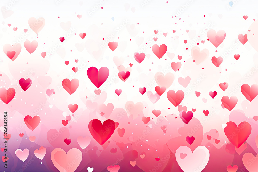 Numerous red, pink, and white hearts are floating in the air, creating a whimsical and romantic scene. The hearts are varying in sizes and drifting gently 