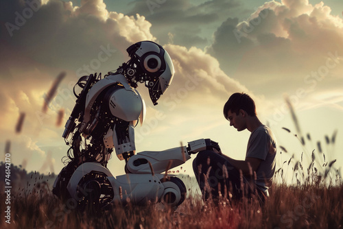 Incontro tra robot umanoide e un uomo in mezzo alla natura, intelligenza artificiale