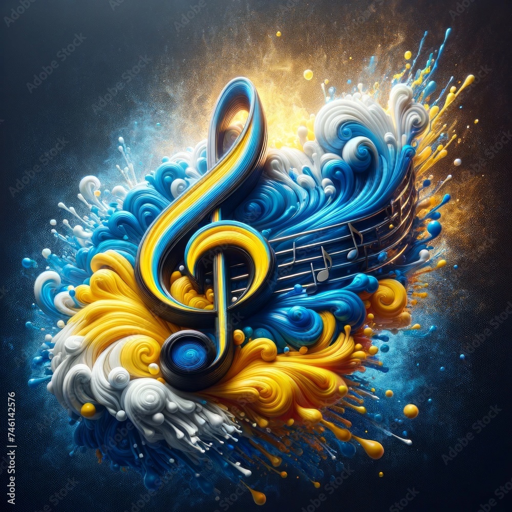 A charming 3D design featuring a musical treble clef floating against a dynamic background of blue and yellow swirls representing the flag of Ukraine.