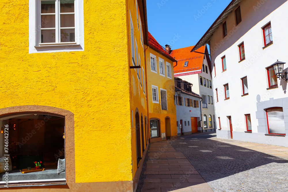 Street in the old town of Fussen, Bavaria Germany. Typical colorful houses of European town