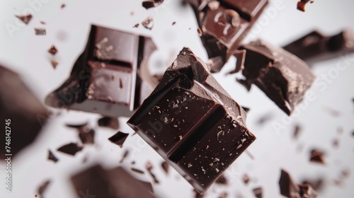 Close-up image of pieces of dark chocolate falling on a white background